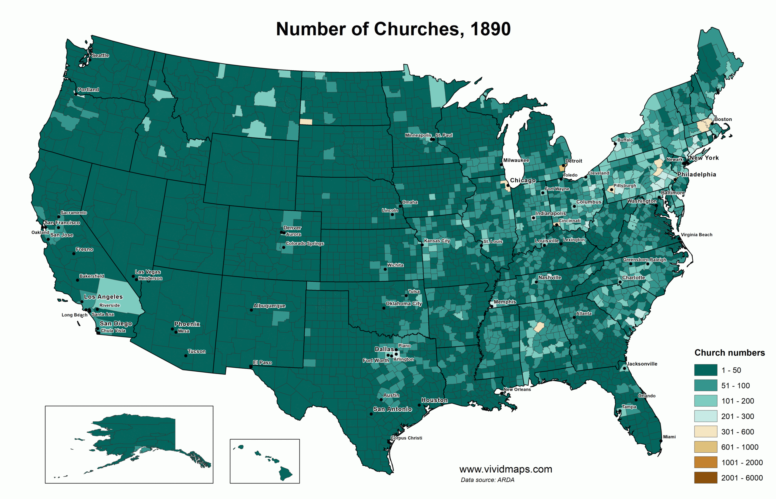 Number Of Congregationsu.s. County (1890 - 2010) - Vivid Maps with regard to Map of All Churches In USA