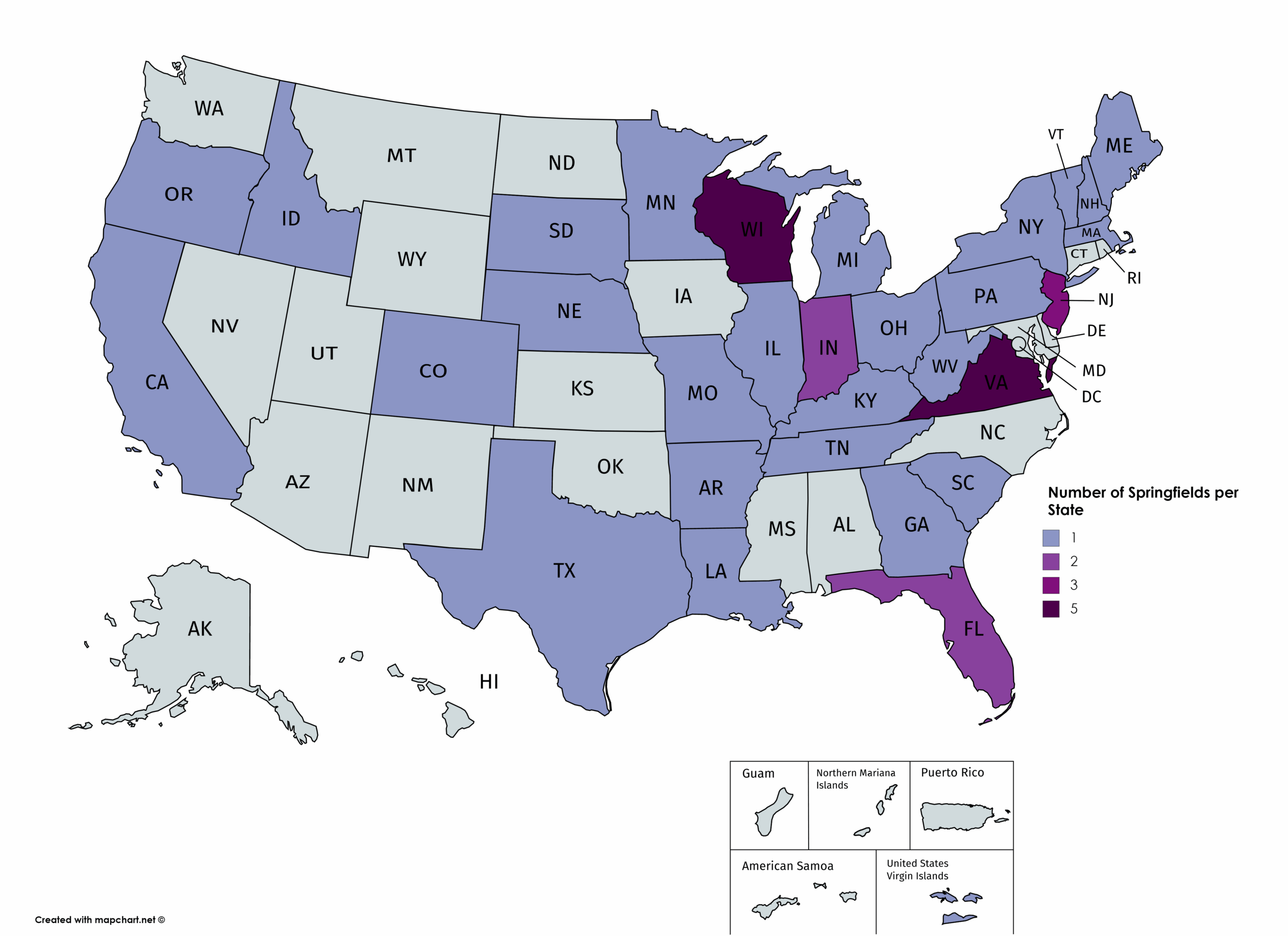 Number Of Towns Called Springfield Per State : R/Mapporn with regard to List of Springfields In USA Map