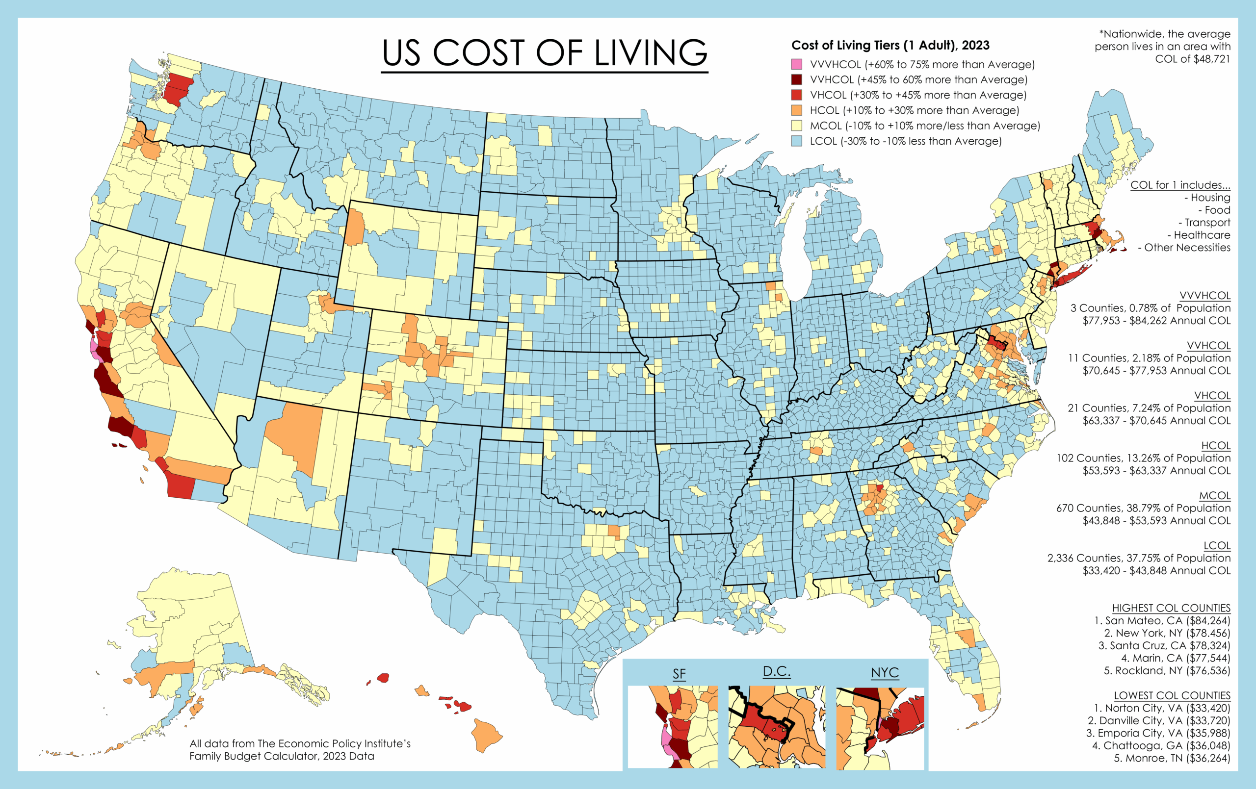 Oc] Cost Of Livingcounty, 2023 : R/Dataisbeautiful with Cost Of Living Heat Map Usa