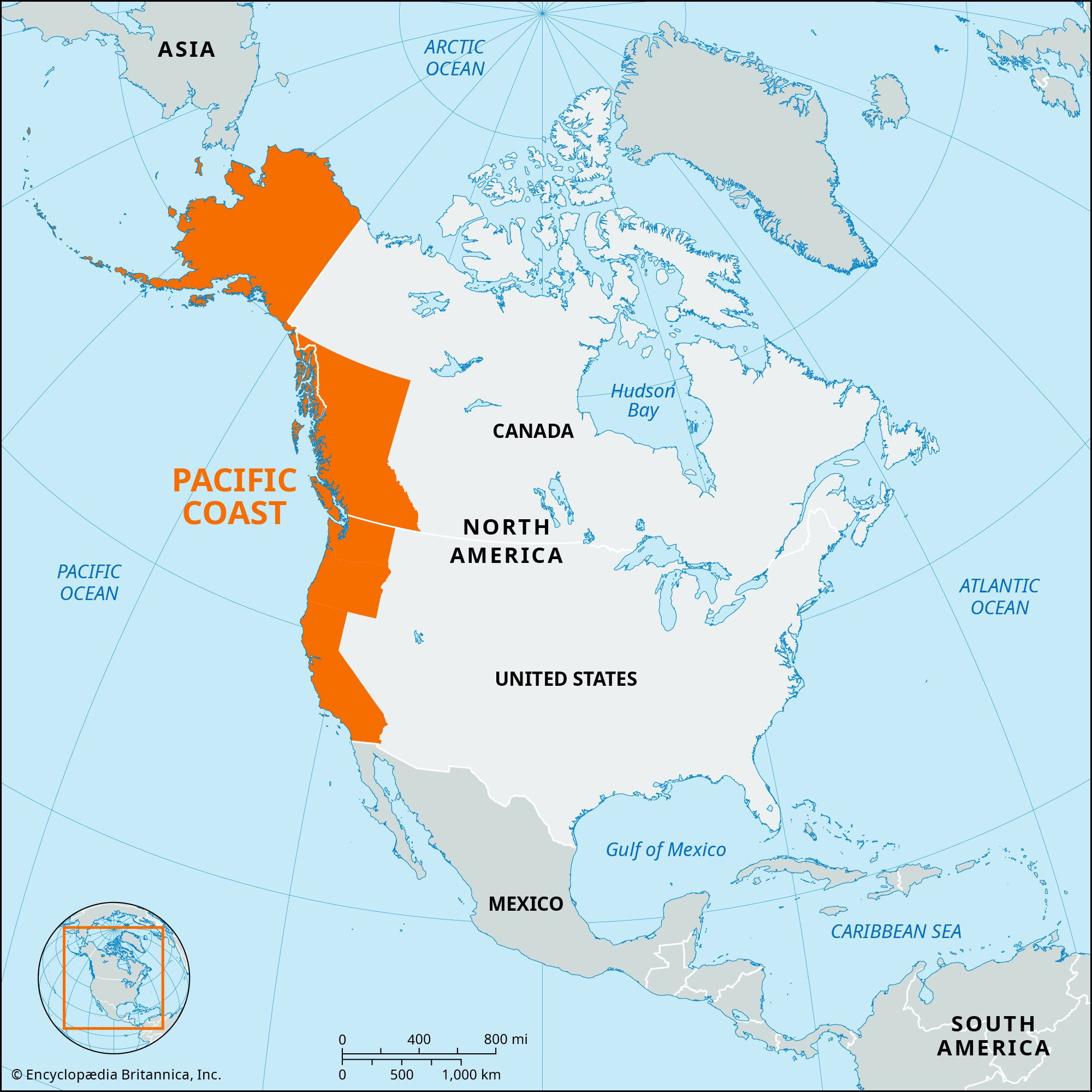 Pacific Coast | Geography, History, Map, &amp;amp; Facts | Britannica for Map of West Coast Canada and USA