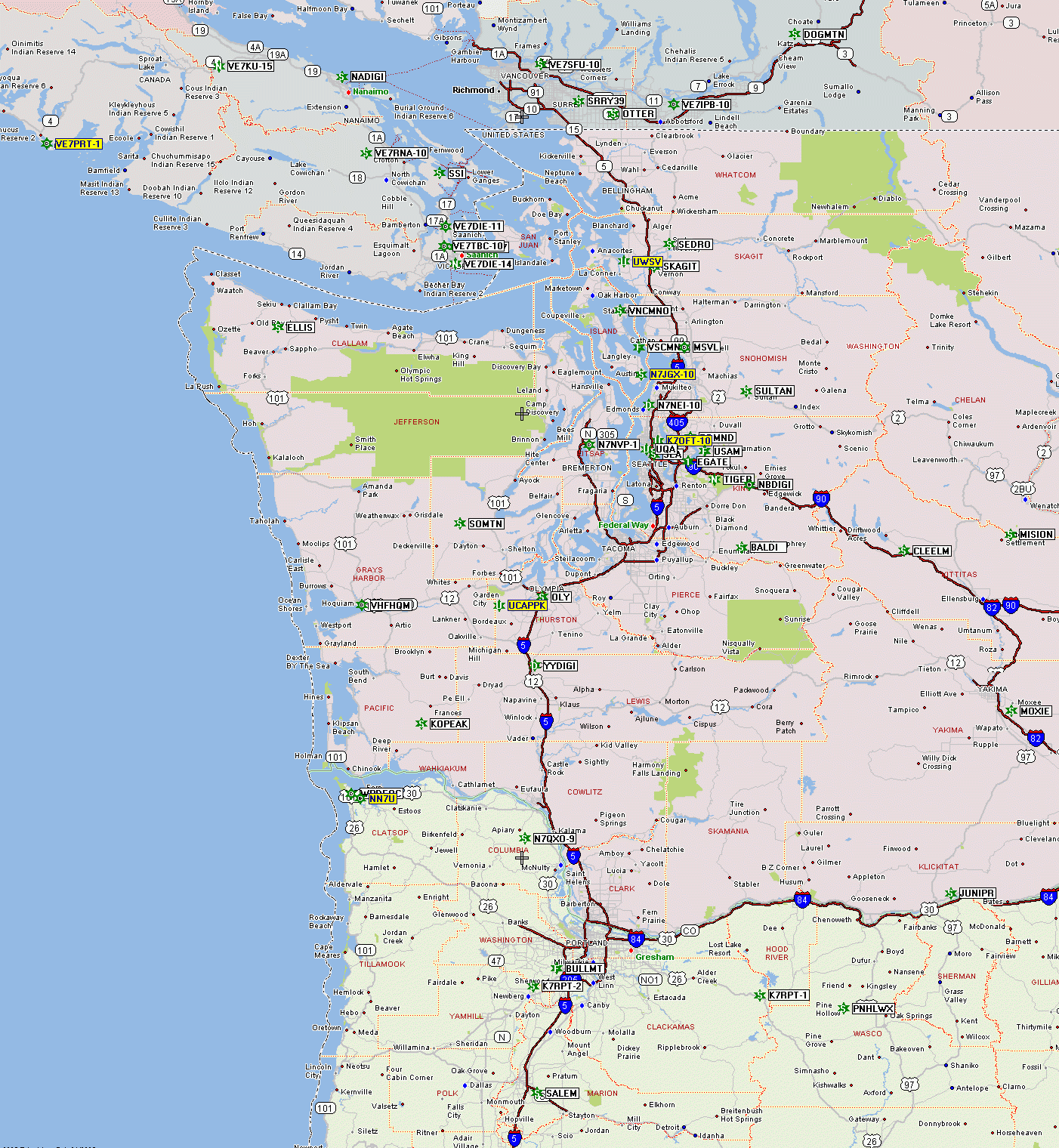 Pacific Northwest Aprs Digipeaters Scroll Down And Right! inside Map of Nw USA and Canada