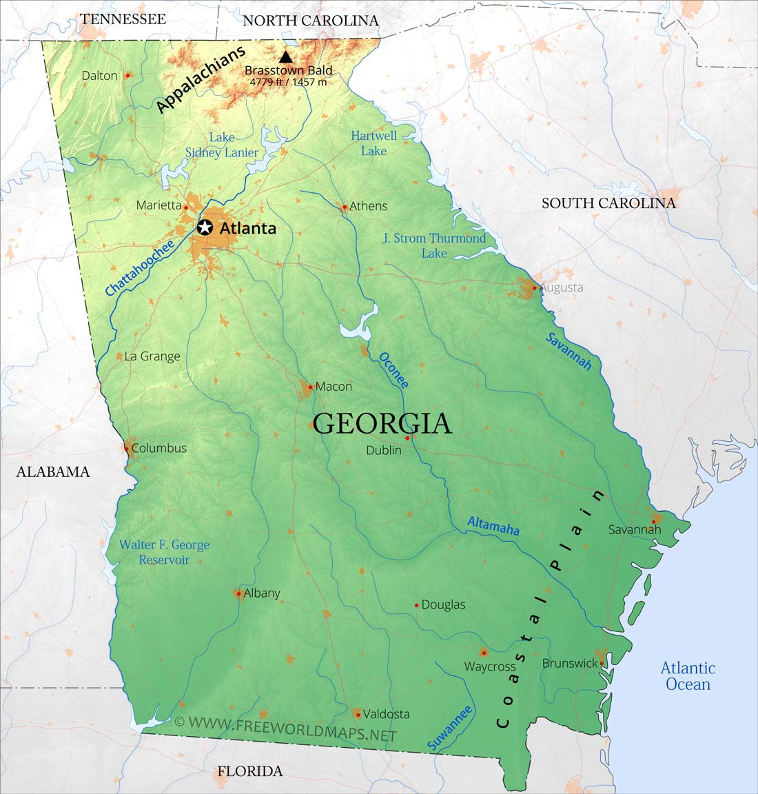Physical Map Of Georgia with regard to Map of Lakes In Georgia USA