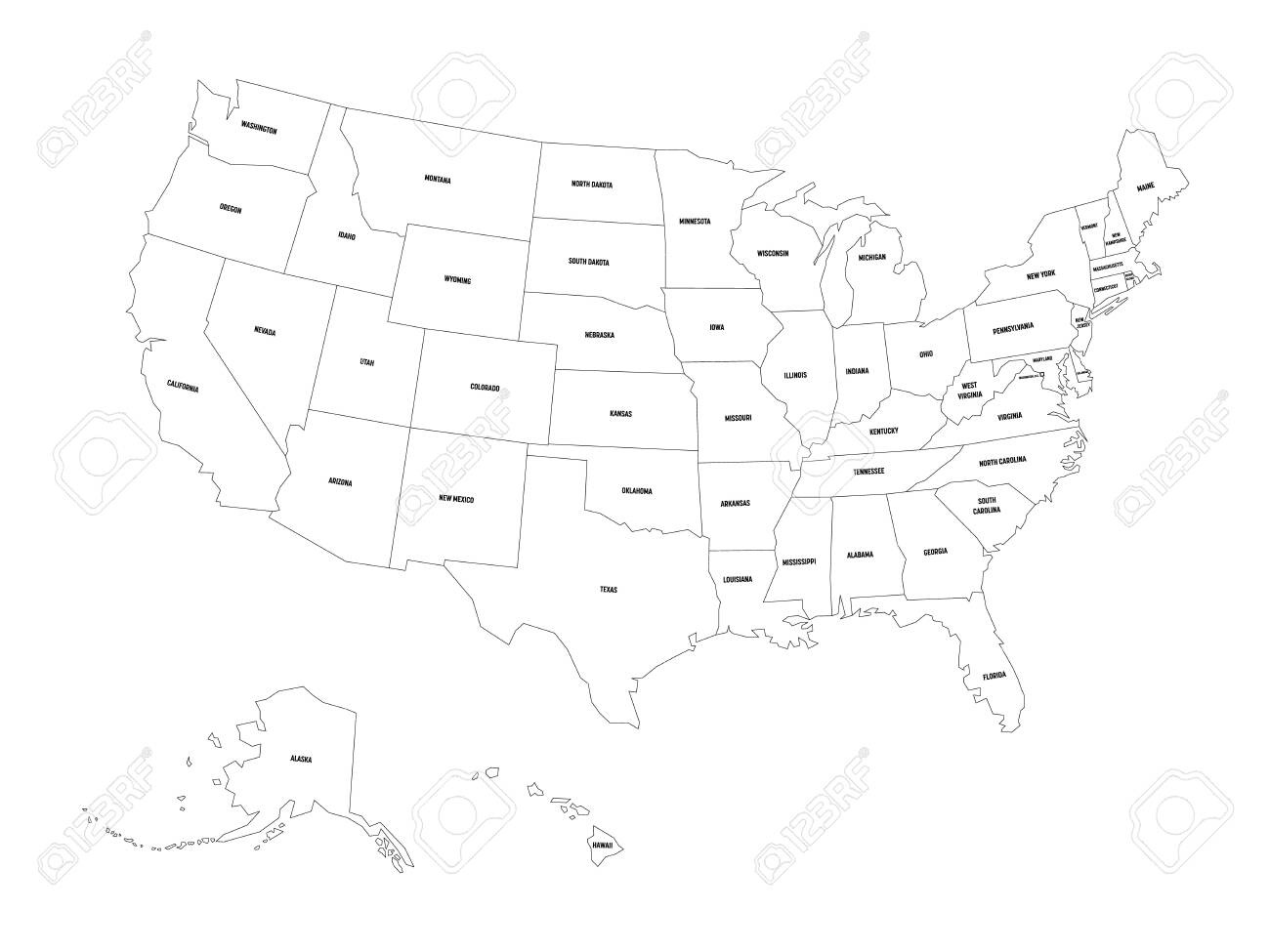 Political Map Of United States Od America, Usa. Simple Flat Black inside Outline Map of USA with State Names