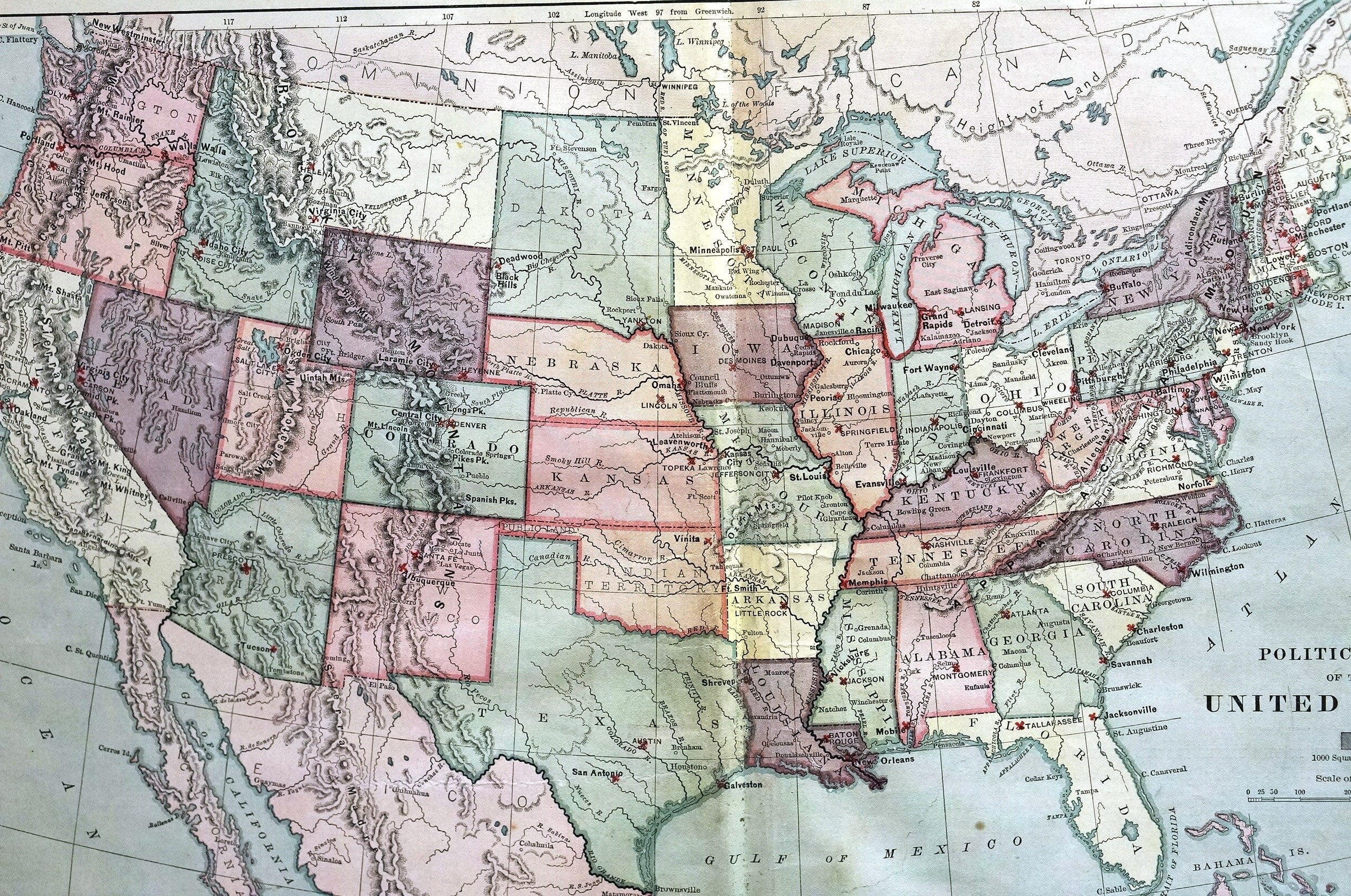 Political Map United States 1883 With Questions For Students At pertaining to Map of the USA In 1883