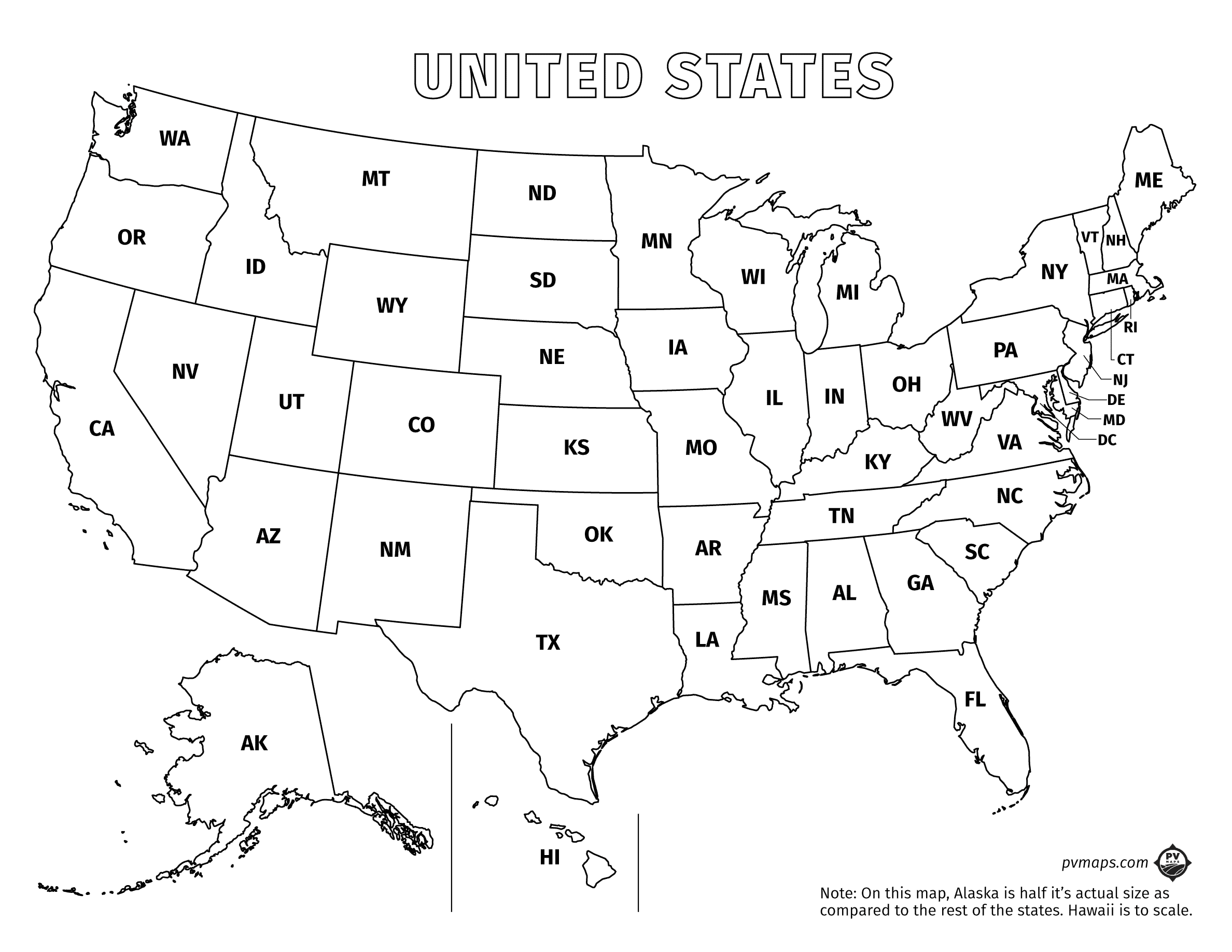 Printable Line Maps | Pvmaps for Labeled Map Of Usa With Abbreviations