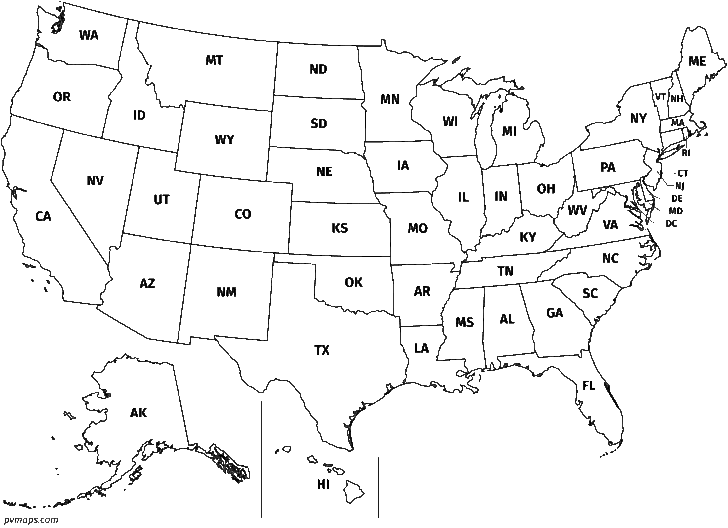 Map of the USA with Abbreviations