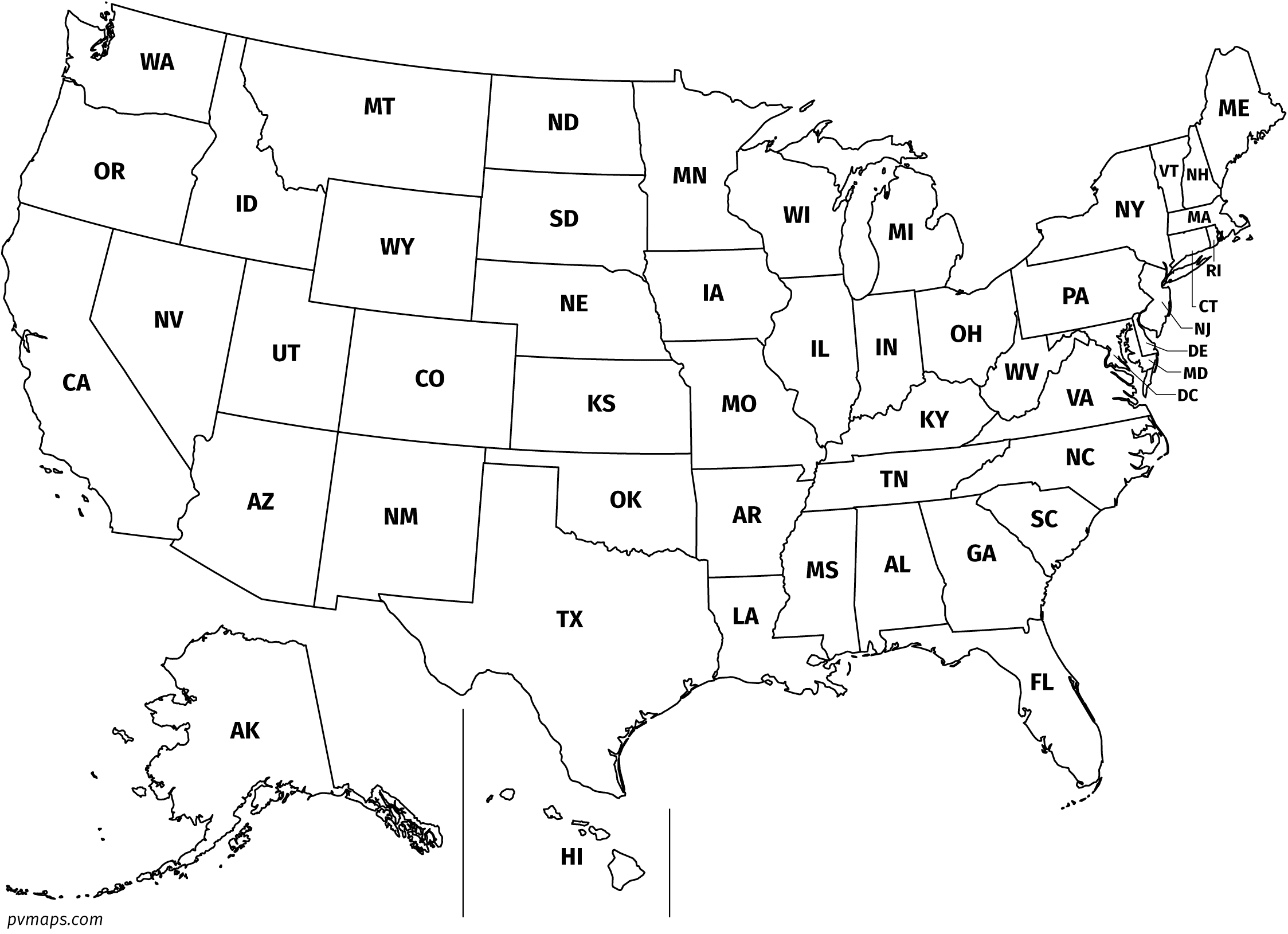 Printable Line Maps | Pvmaps inside Map With Abbreviations For States Of Usa