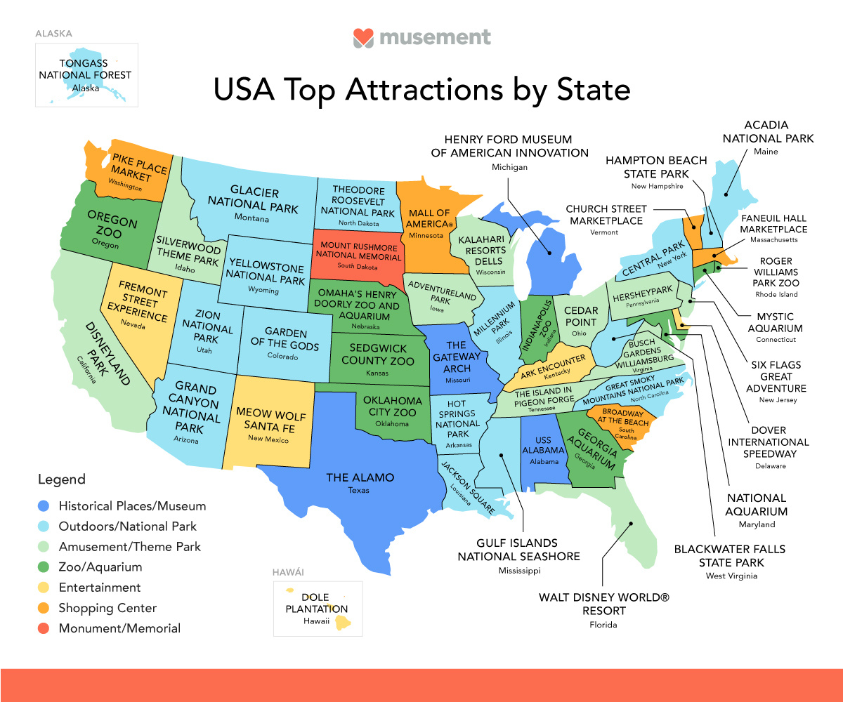 Rediscovering America-The Most Popular Attraction In Each State in Map of Best Places To Visit In USA