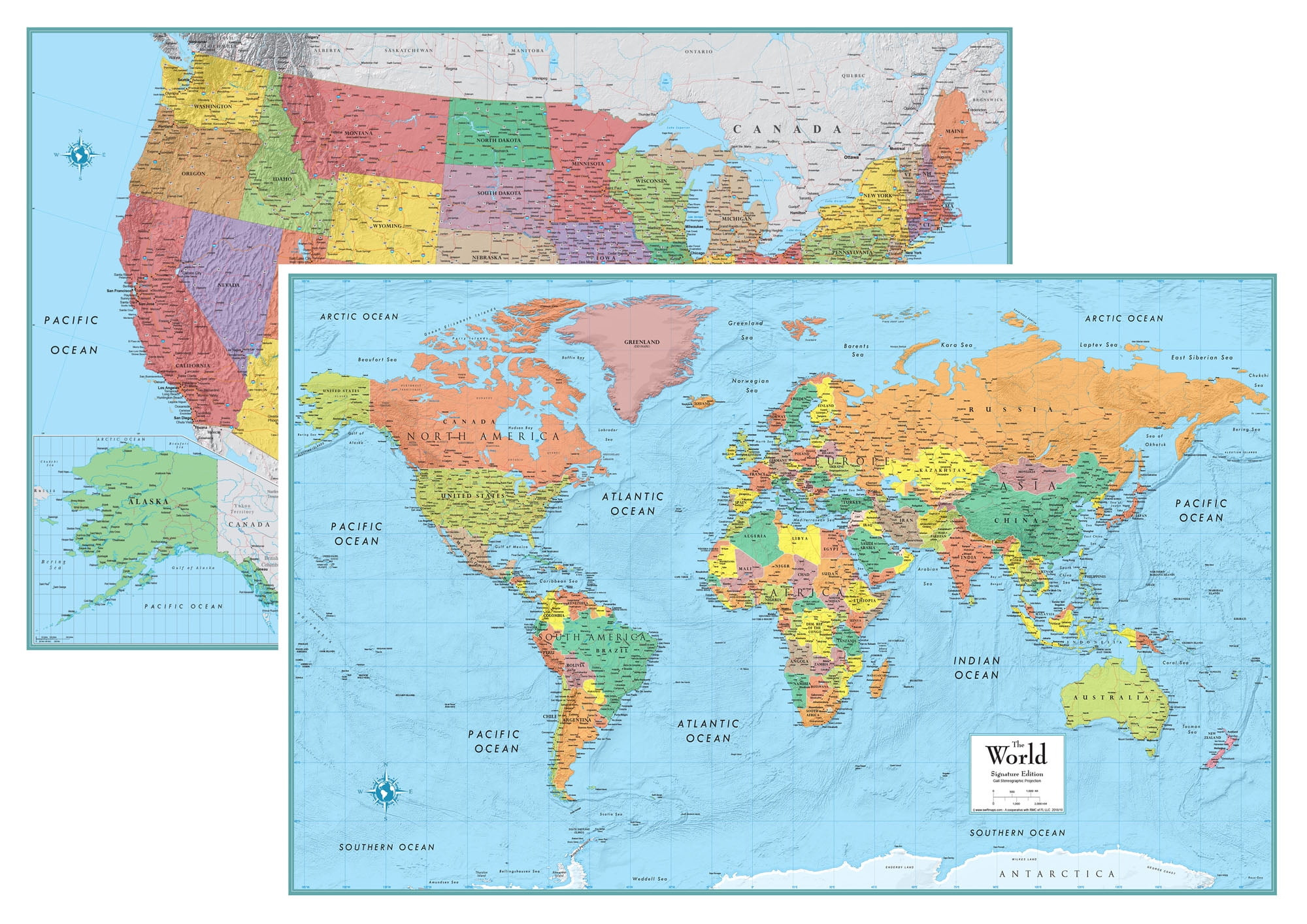 Rmc Signature United States Usa And World Wall Map Set - Laminated regarding World Map of USA with States