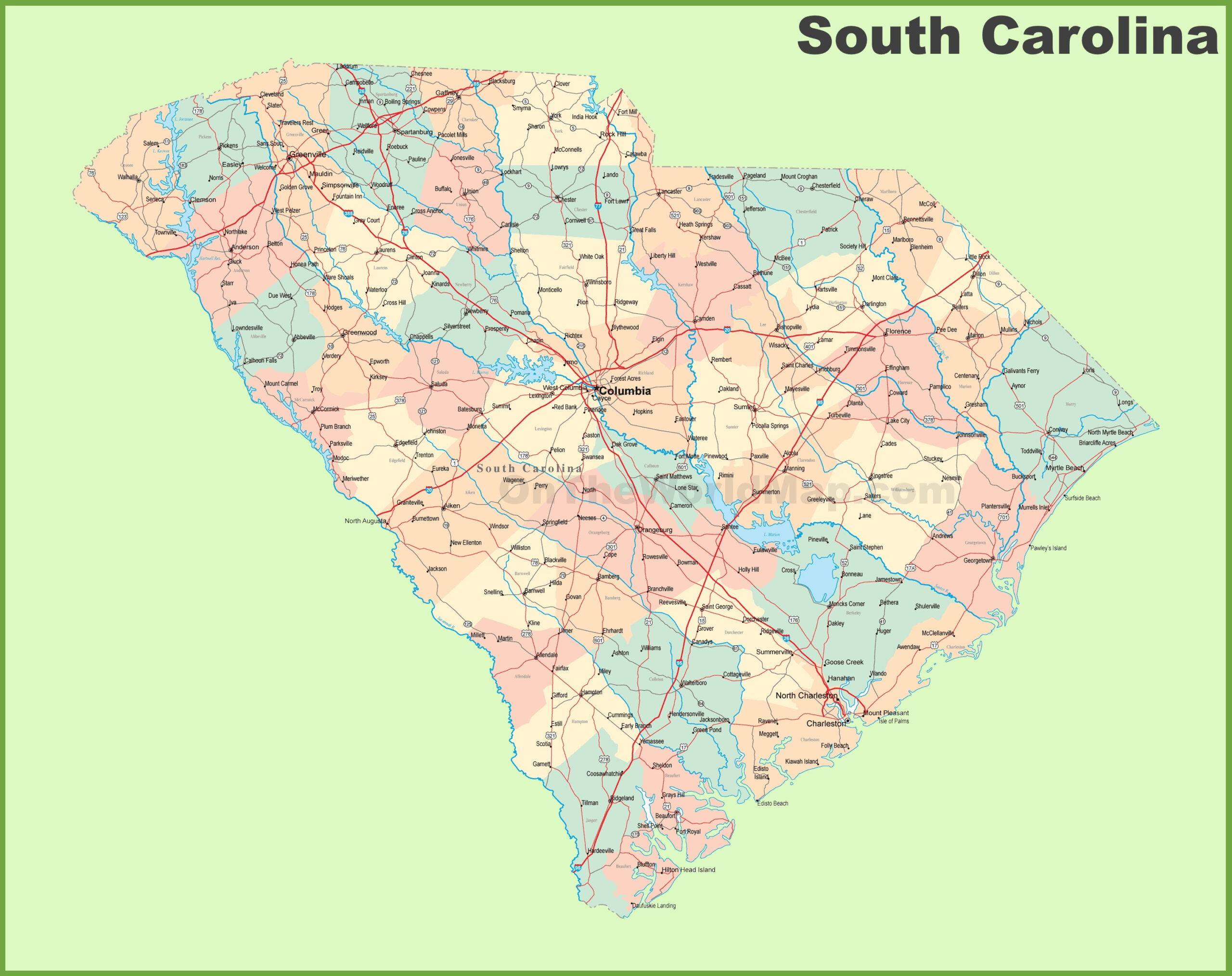 Road Map Of South Carolina With Cities - Ontheworldmap intended for Road Map of South Carolina USA