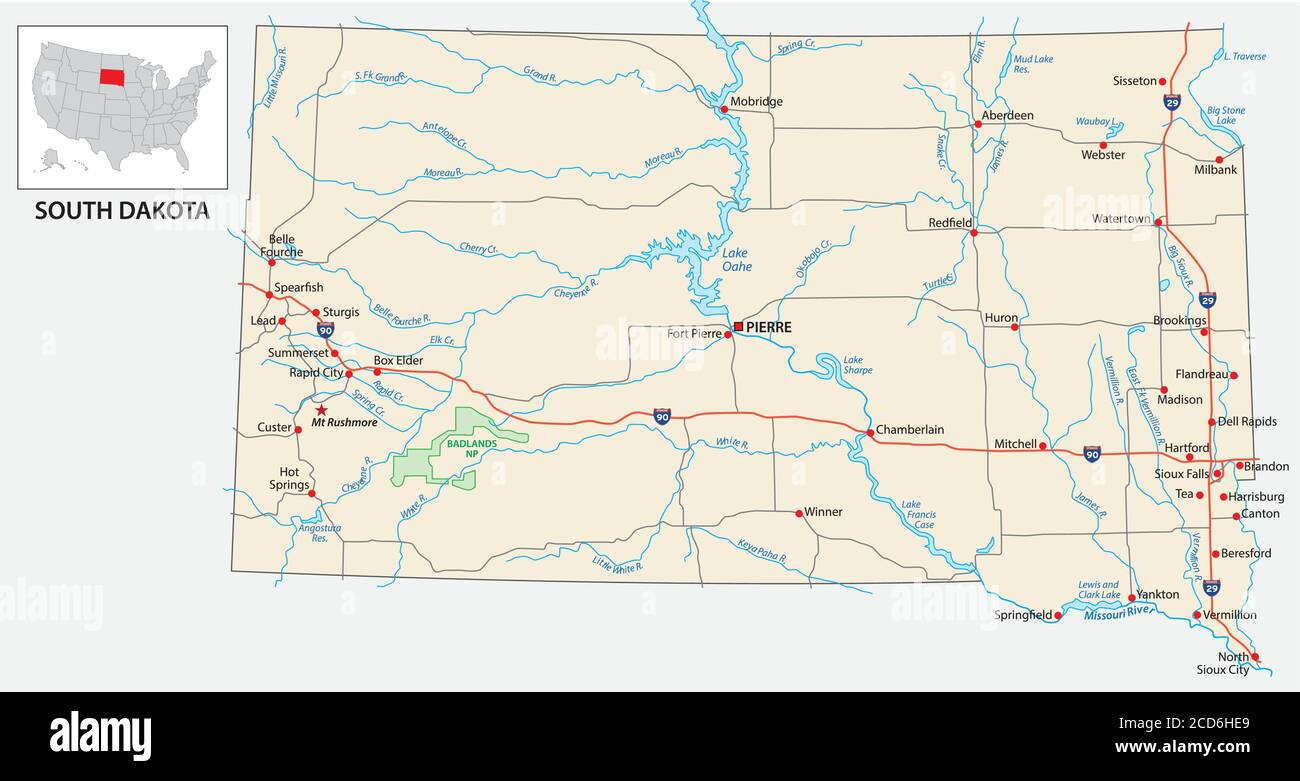 Road Map Of The Us American State Of South Dakota Stock Vector with Road Map of South Dakota USA