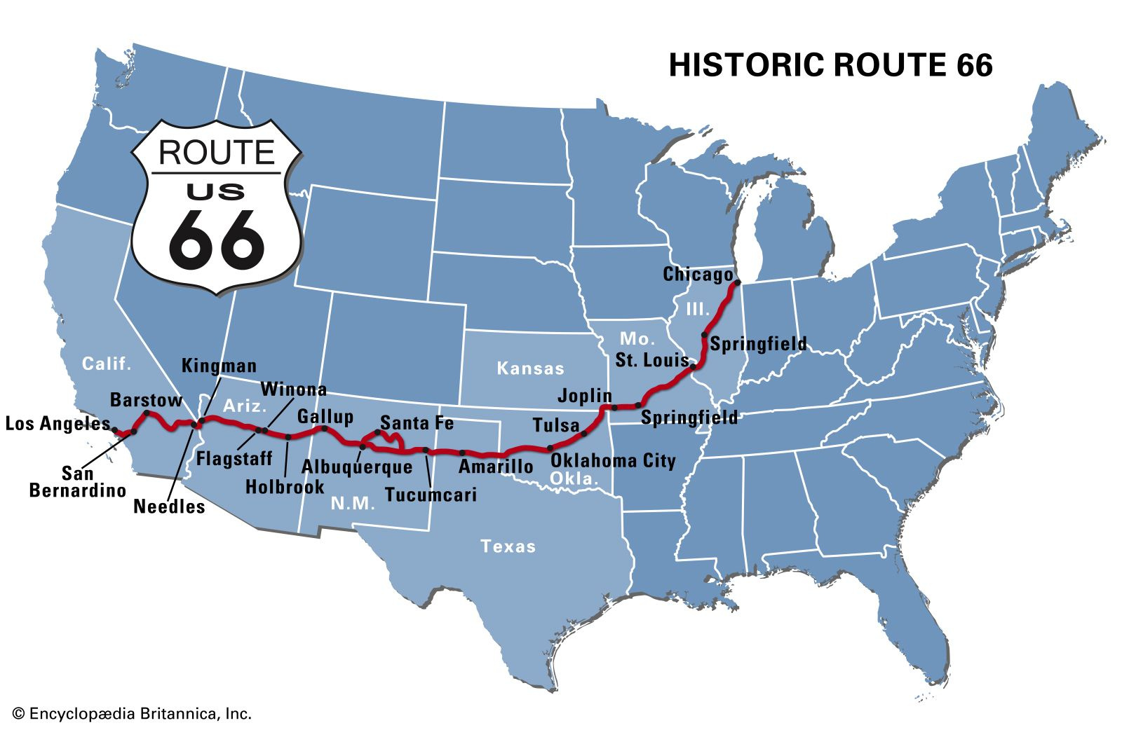Route 66 | History, Map, Popular Culture, &amp;amp; Facts | Britannica regarding Road Map Of Route 66 Usa