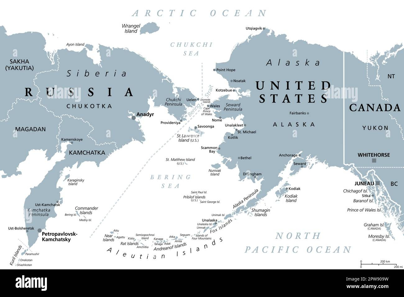 Russia And United States, Maritime Boundary, Gray Political Map with Map of USA and Russia Border