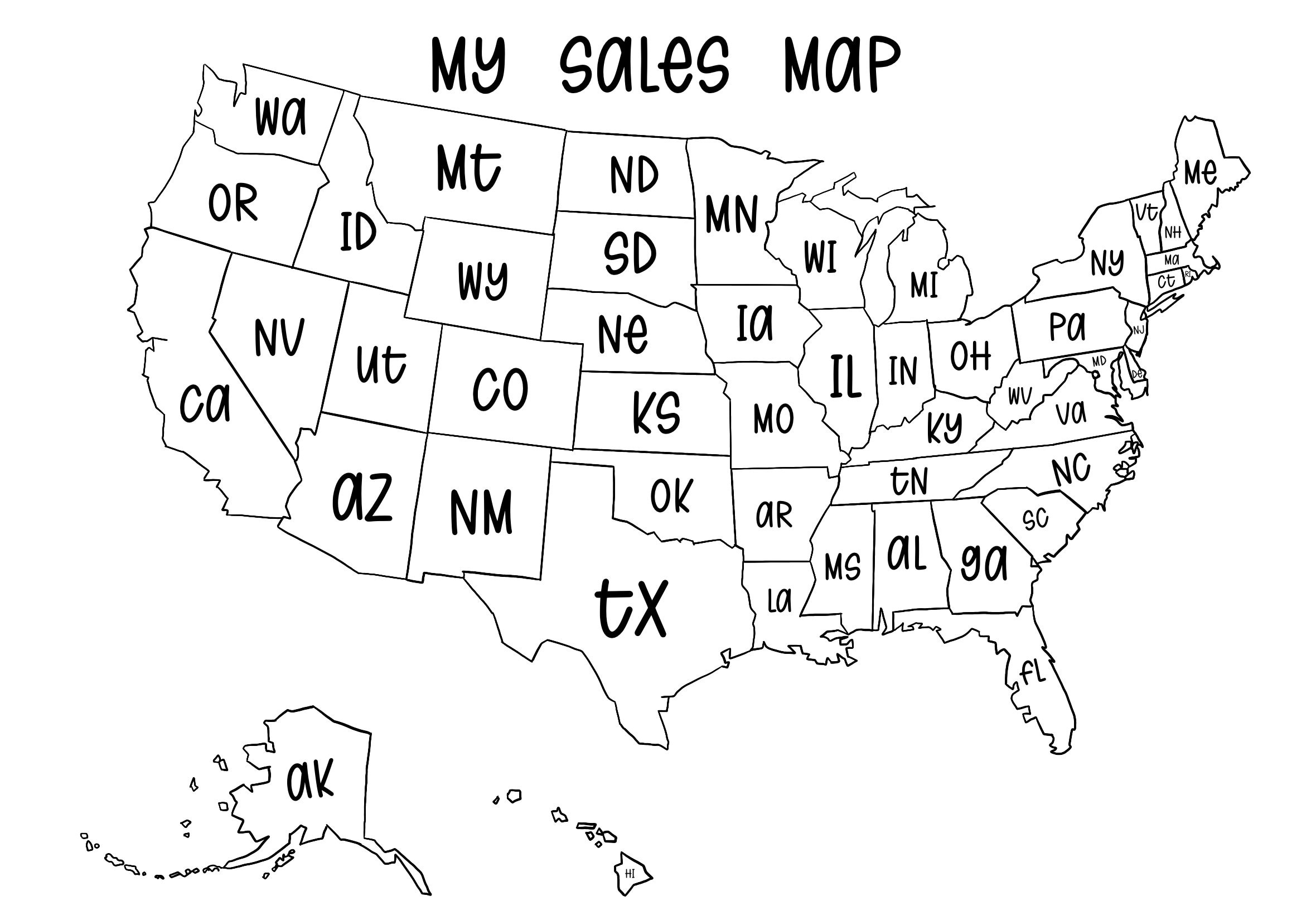 Sales Map Of United States With Abbreviations Digital Download - Etsy throughout Map Of Usa With States And Abbreviations