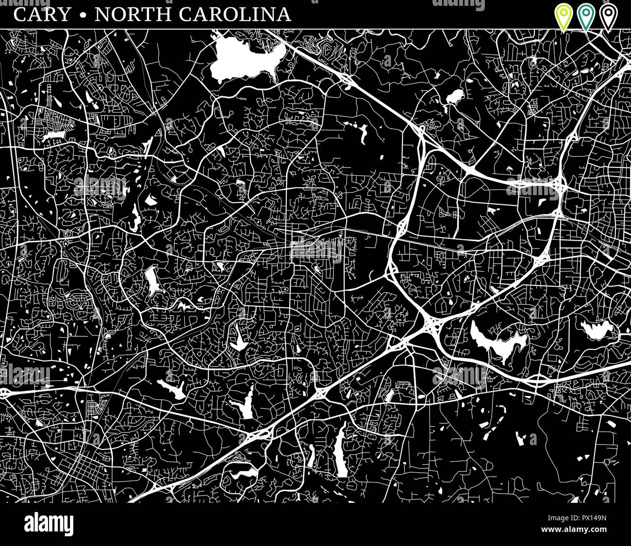 Simple Map Of Cary, North Carolina, Usa. Black And White Version within Map Of Cary North Carolina Usa
