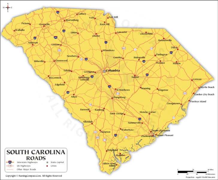 Road Map of South Carolina USA