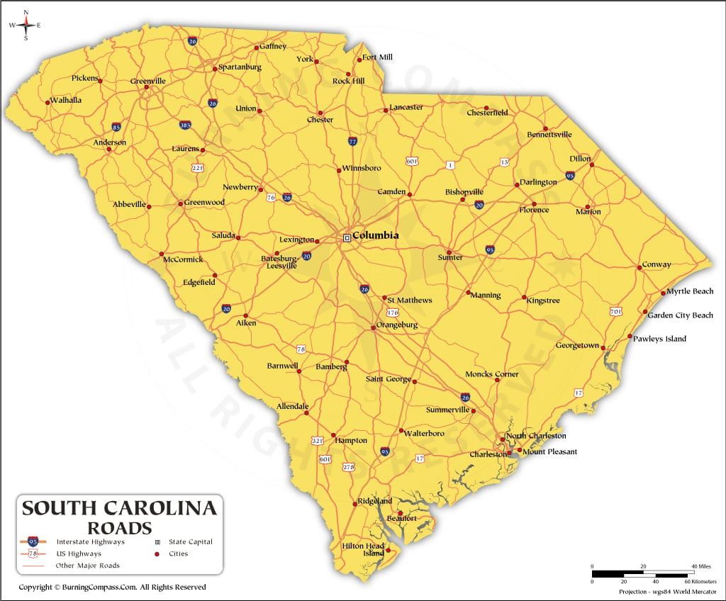 South Carolina Road Map With Interstate Highways And Us Highways for Road Map of South Carolina USA