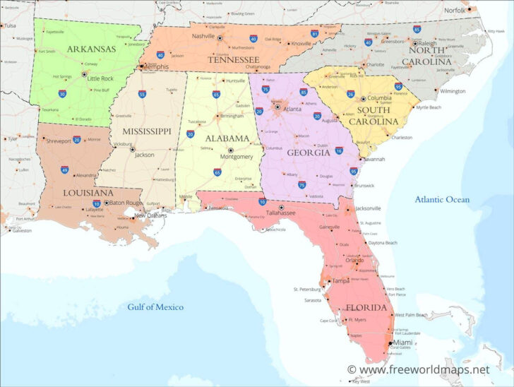 Map of Southeast Region of USA