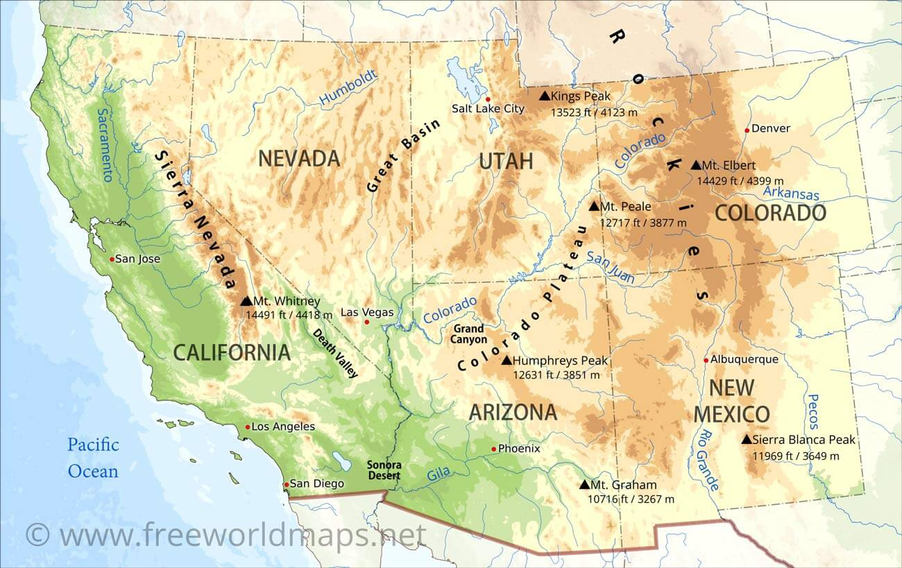 Southwestern Us Physical Map regarding Map of the Southwest Region of the USA