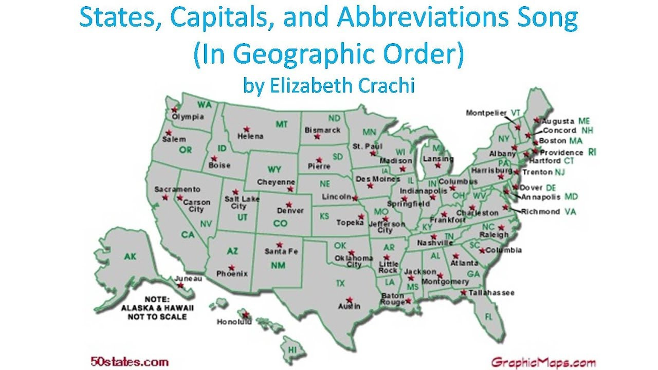 States, Capitals, And Abbreviations Song (In Geographic Order throughout Map of USA with States Capitals and Abbreviations