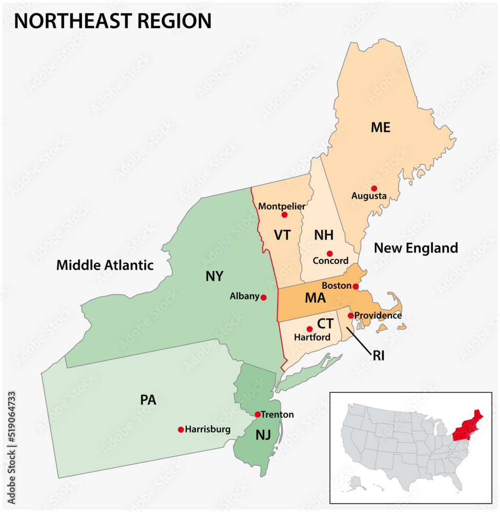 Stock-Vektorgrafik „Administrative Vector Map Of The Us Census within Map Of Northeast Region Of Usa