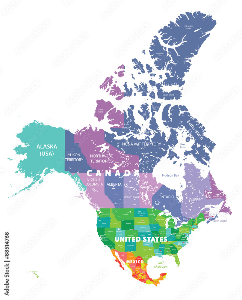 Stock-Vektorgrafik „Colored Map Of United States, Canada And within Map of Canada and USA and Mexico