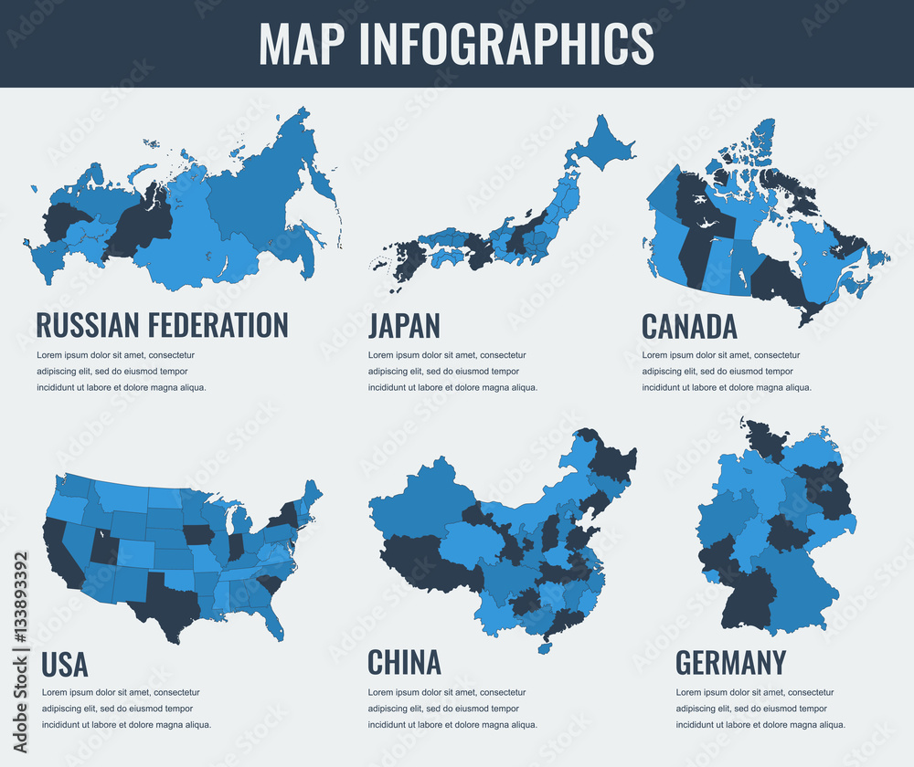Stock-Vektorgrafik „Country Maps Infographic Template. Usa, Japan in Map Of Usa Canada And Russia