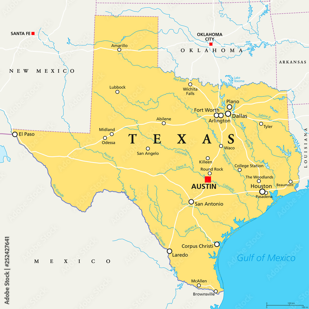 Stock-Vektorgrafik „Texas, Political Map, With Capital Austin inside Austin Texas On Map Of Usa