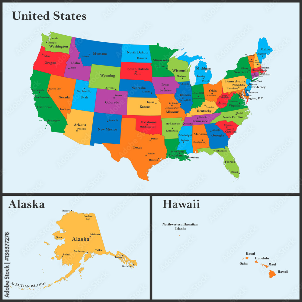 Stock-Vektorgrafik „The Detailed Map Of The Usa Including Alaska intended for Map of the USA with Major Cities
