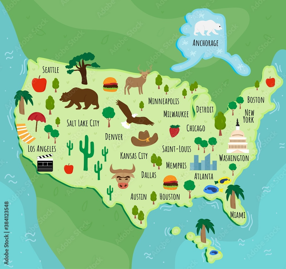 Stock-Vektorgrafik „Tourist Infographics About America. Cartoon with Map Of Usa With Famous Landmarks