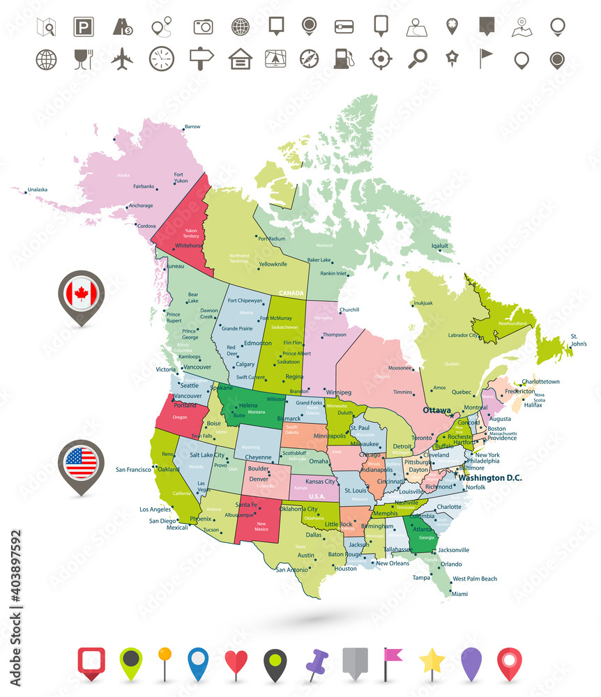 Stock-Vektorgrafik „Usa And Canada Detailed Political Map With throughout Political Map of Canada and USA