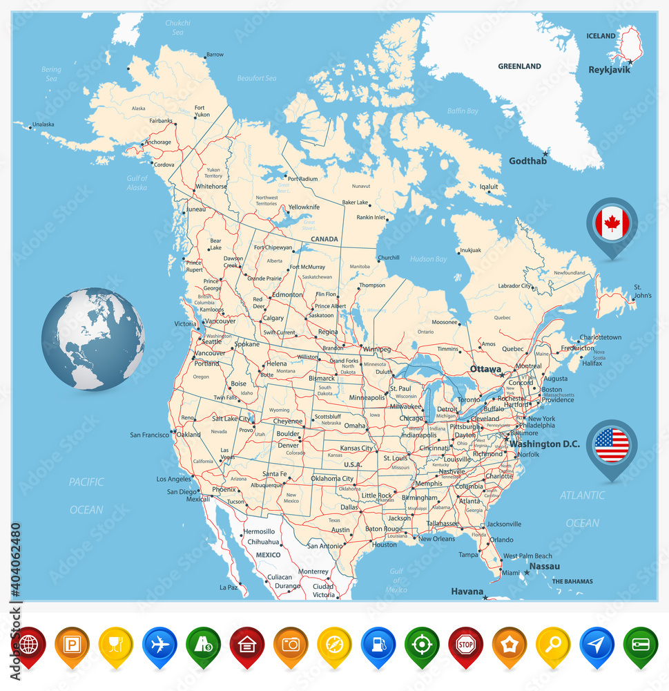 Stock-Vektorgrafik „Usa And Canada Large Road Map With Map in Map Of The Usa And Canada