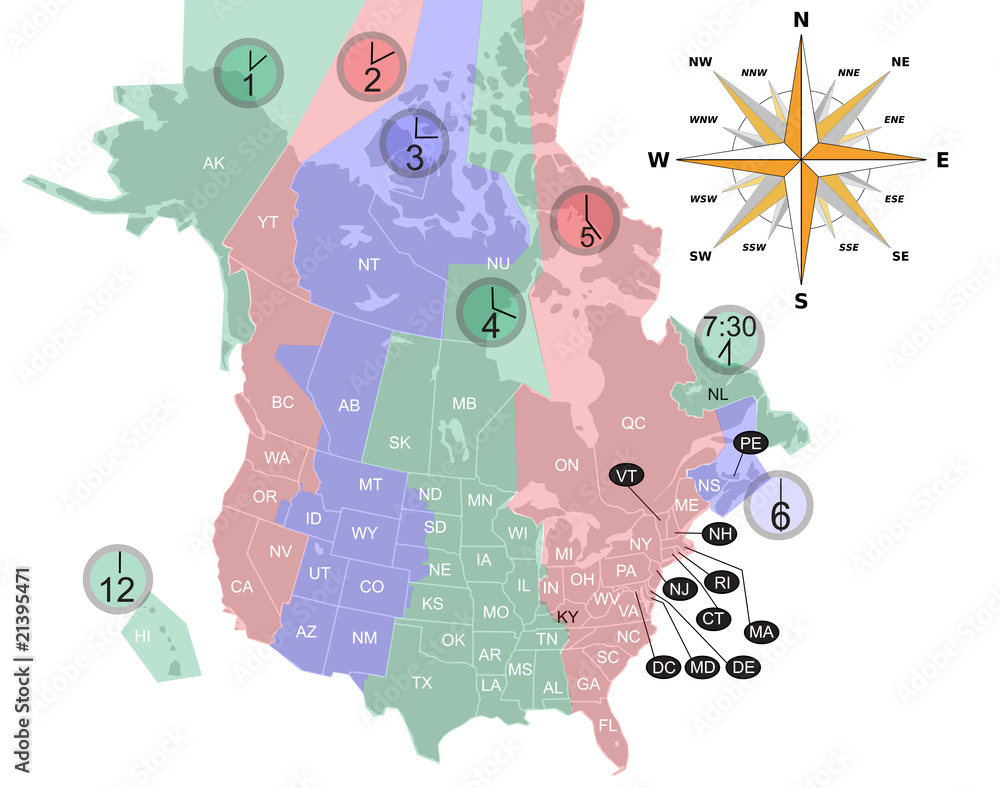 Stock-Vektorgrafik „Usa-Canada Map Time Zone.“ | Adobe Stock with Map of Timezones In USA and Canada