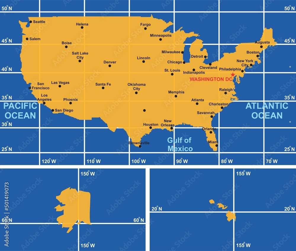 Stock-Vektorgrafik „Usa Map Infographic Diagram With All within Map of USA with Cities and Latitude and Longitude