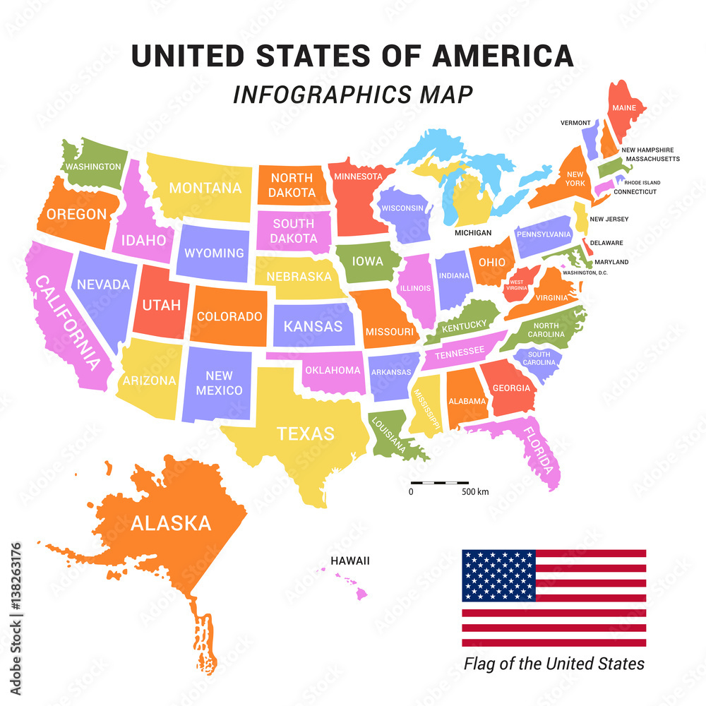 Stock-Vektorgrafik „Usa Map With Federal States Including Alaska inside Map of USA with Alaska and Hawaii