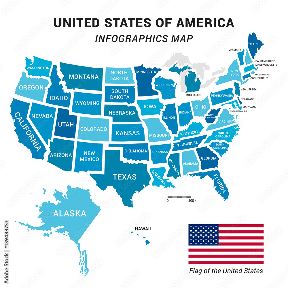 Stock-Vektorgrafik „Usa Map With Federal States Including Alaska regarding Map of USA with Alaska and Hawaii