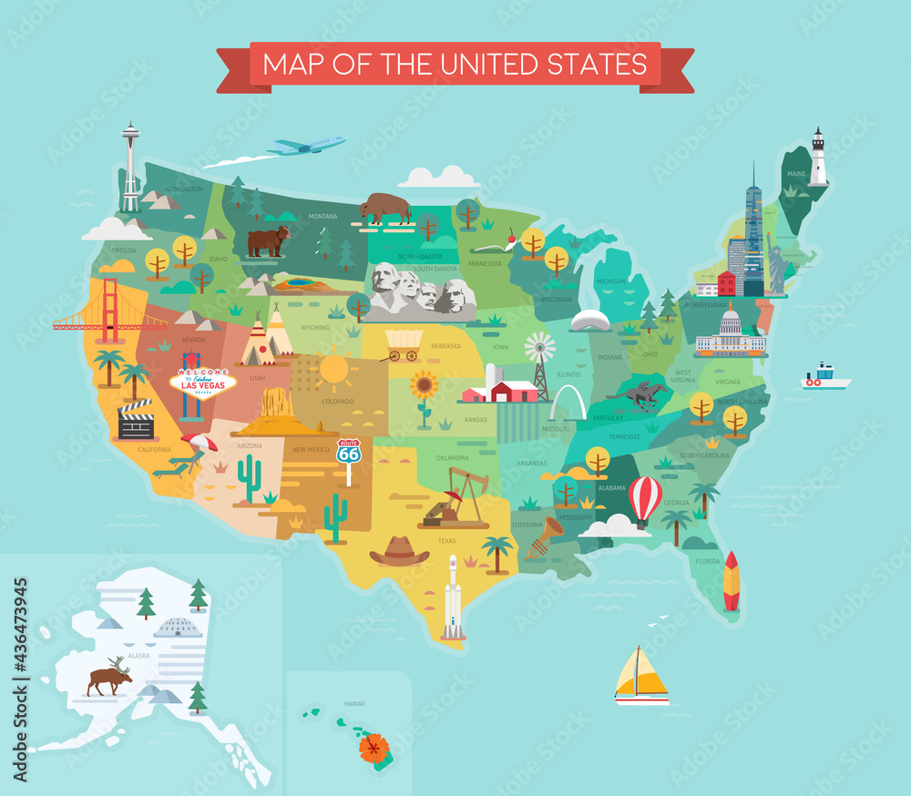 Stock-Vektorgrafik „Usa Tourist Map With Famous Landmarks And regarding Map of USA with Famous Landmarks