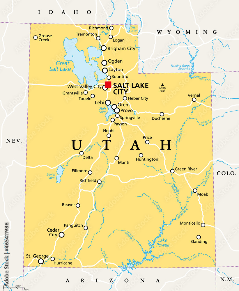 Stock-Vektorgrafik „Utah, Ut, Political Map, With The Capital Salt regarding Salt Lake City On Map Of Usa