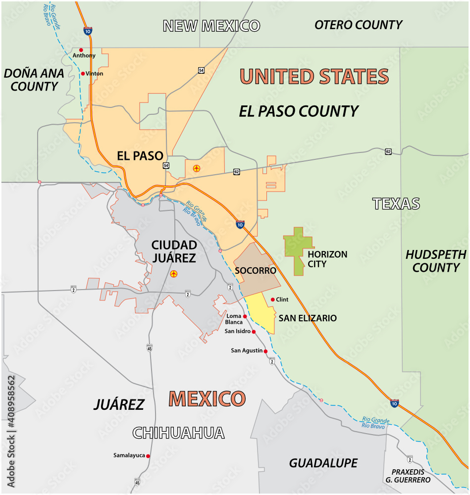Stock-Vektorgrafik „Vector Map Of The Texan El Paso County, United for Map of El Paso Texas USA