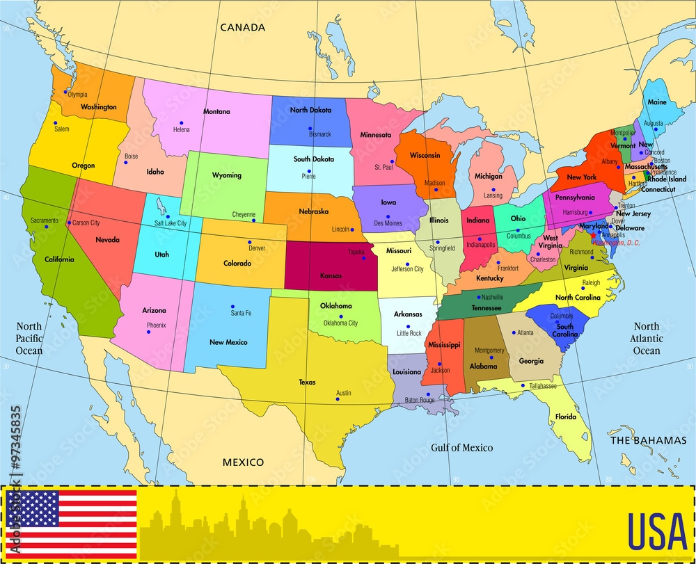 Stock-Vektorgrafik „Vector Map Of Usa With States And Their in States Map of USA with Capitals