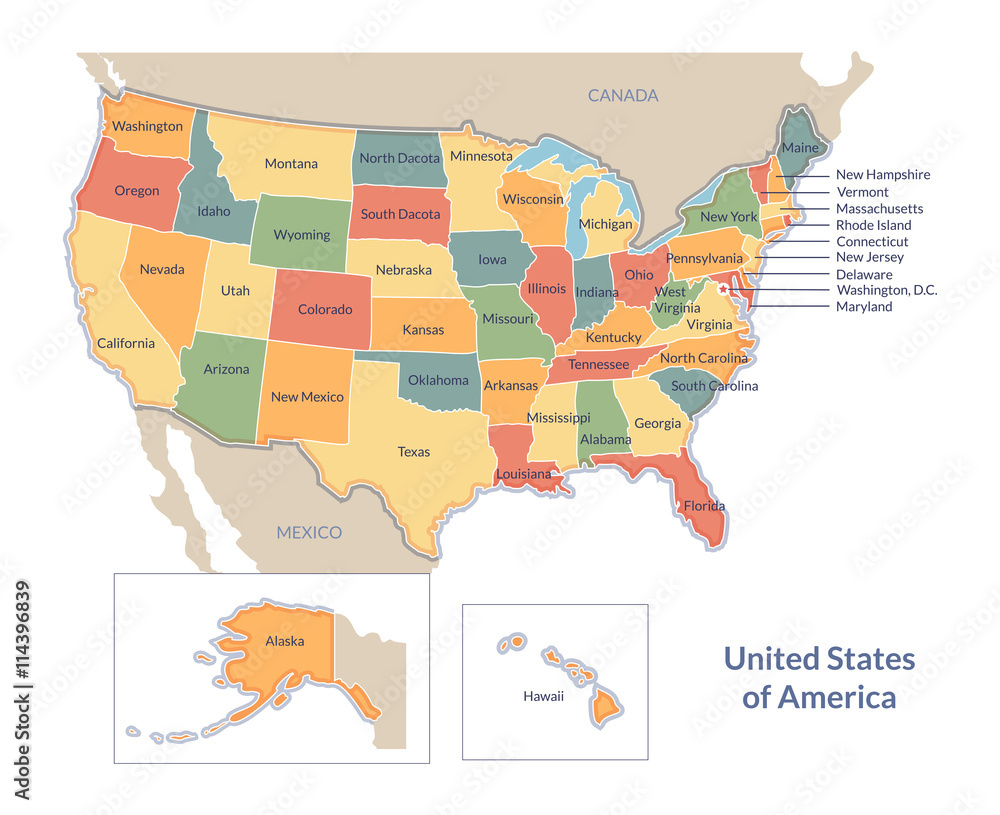 Stock-Vektorgrafik „Vector Political Map Of Usa With All 50 States for Political Map of the USA States