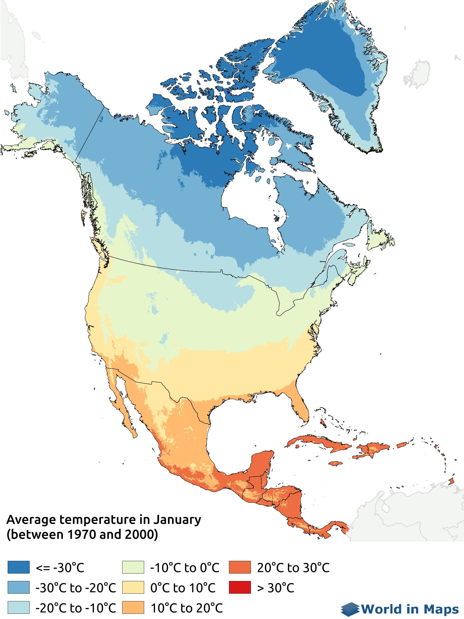 Temperature Map Of North America - World In Maps inside Temperature Map of USA In January