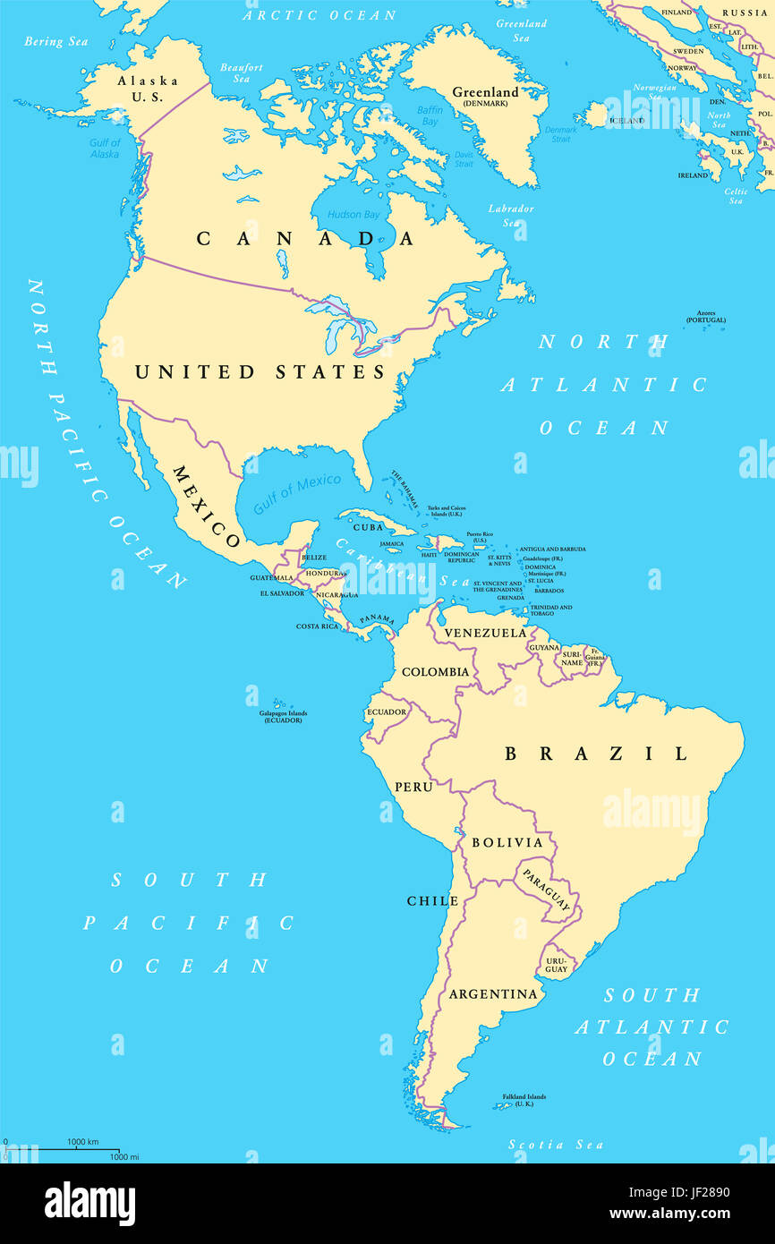 The Americas, North And South America, Political Map With in Map Of Usa And South America