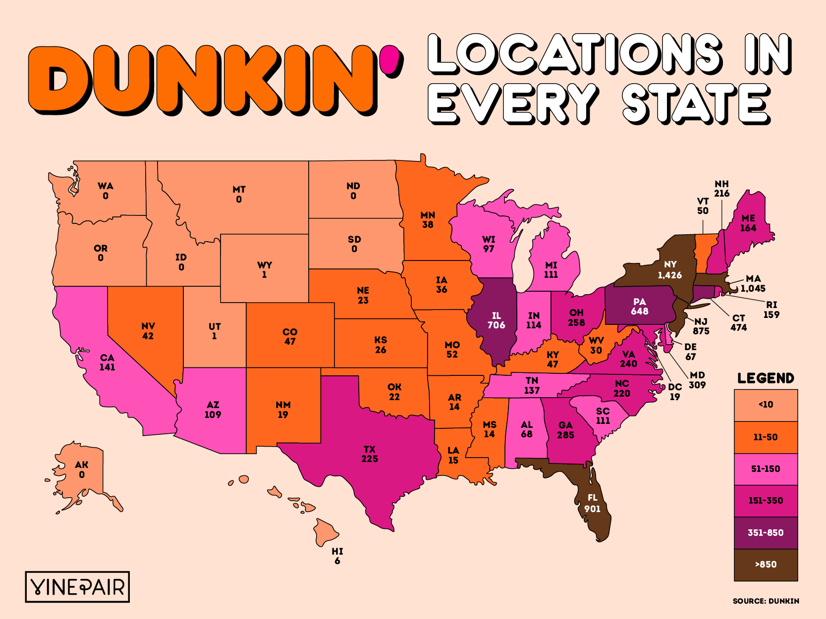 The Number Of Dunkin&amp;#039;S In Every State [Map] | Vinepair regarding Map of Dunkin Donuts In USA