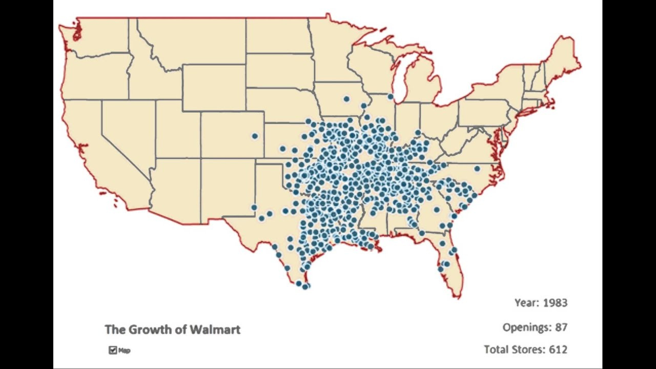 The Spread Of Walmarts Across The U.s. (1962-2006) with Map Of All Walmarts In Usa