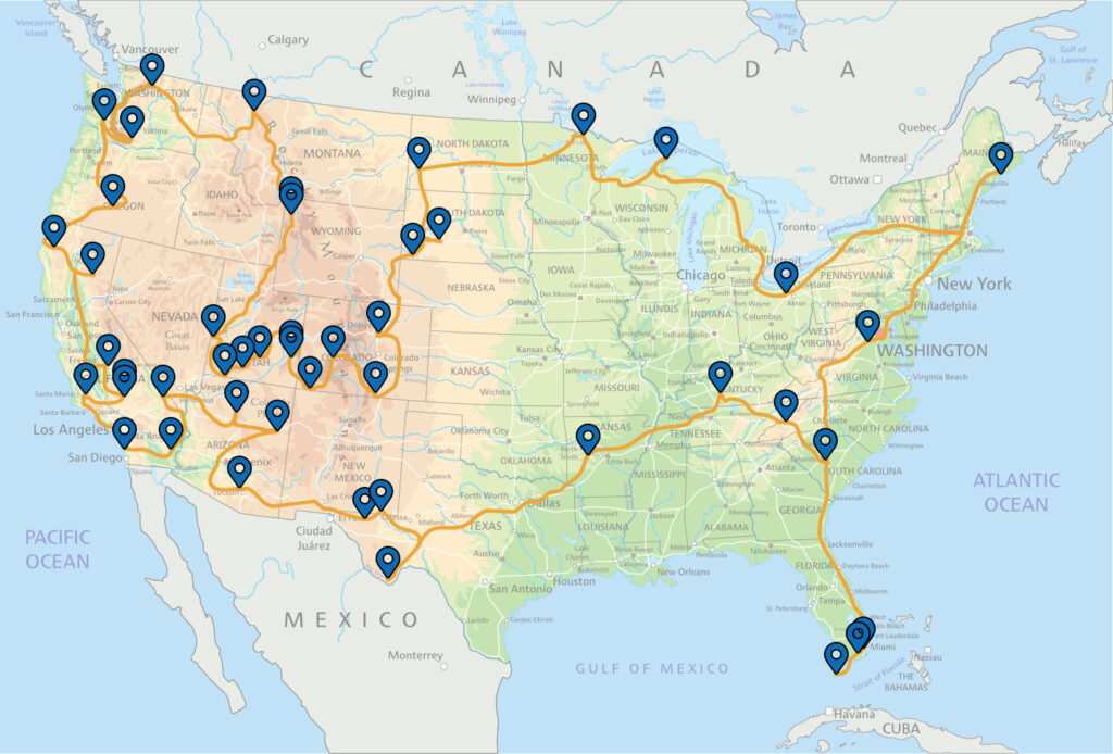Road Map of USA with National Parks