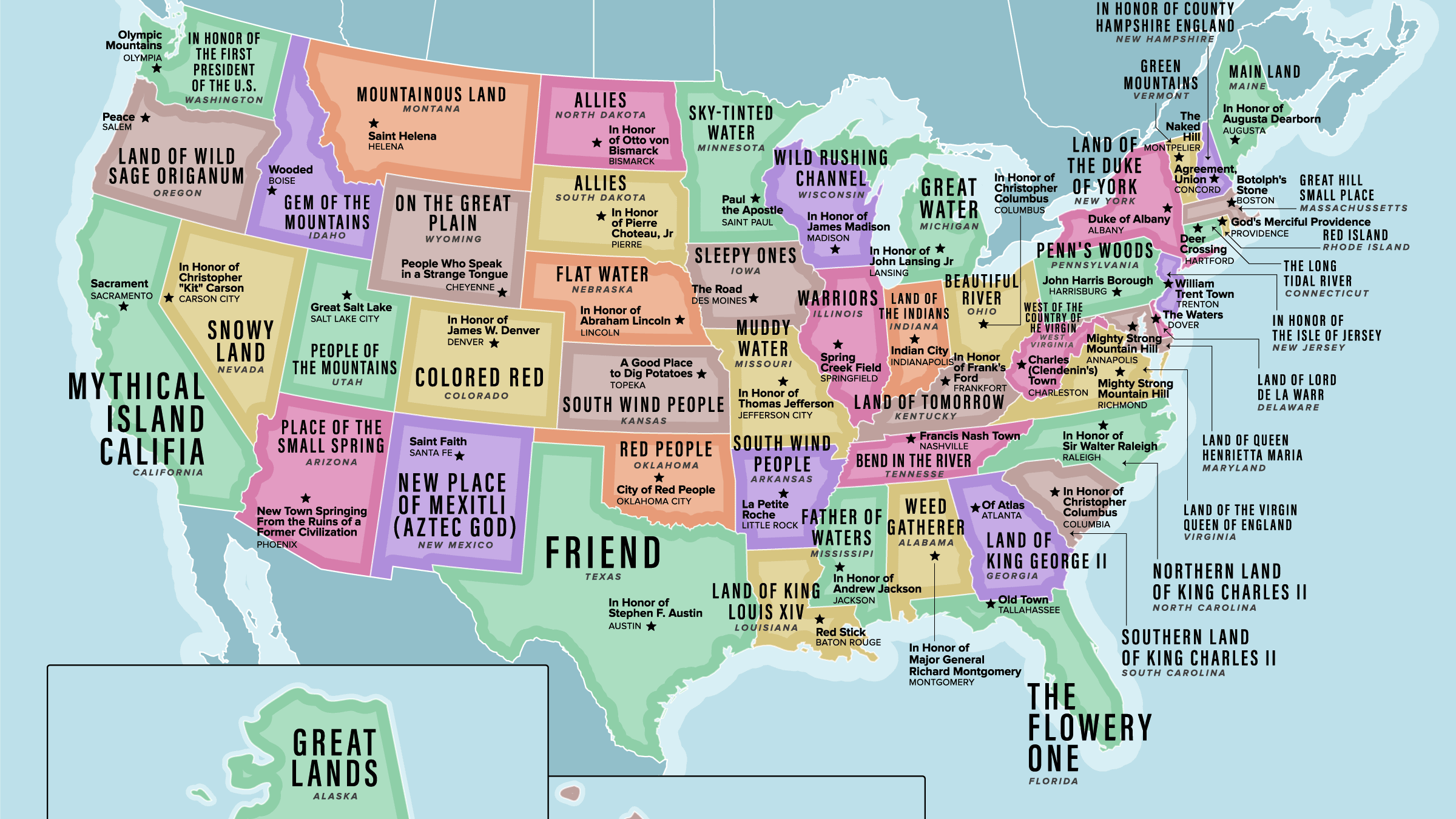 This Map Shows The Literal Translations Of U.s. Place Names in Show Me Map of USA with State Names