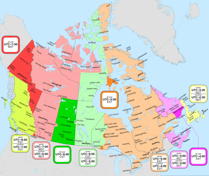 Map of Timezones In USA and Canada