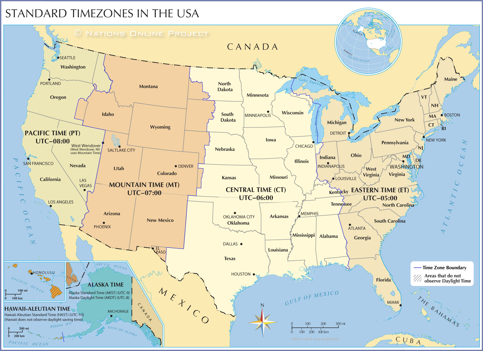 Time Zone Map Of The United States - Nations Online Project with Time Zone Map of USA with States and Cities