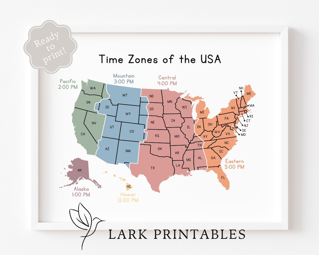Time Zones Of The Usa Map Educational Poster Printable Geography Classroom Wall Decor Montessori Homeschool Resource Time Zone United States - Etsy within Map Of Time Zones In The Usa